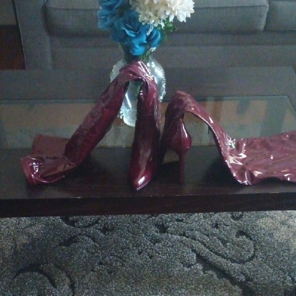 Red Heeled Boots with Stiletto Heel and Glossy Finish. Thigh High New No Tags